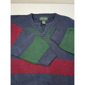 Hill & Archer Knitted V Neck Sweater Mens XL Wide Rugby Strip Grn/Blu/Red VTG